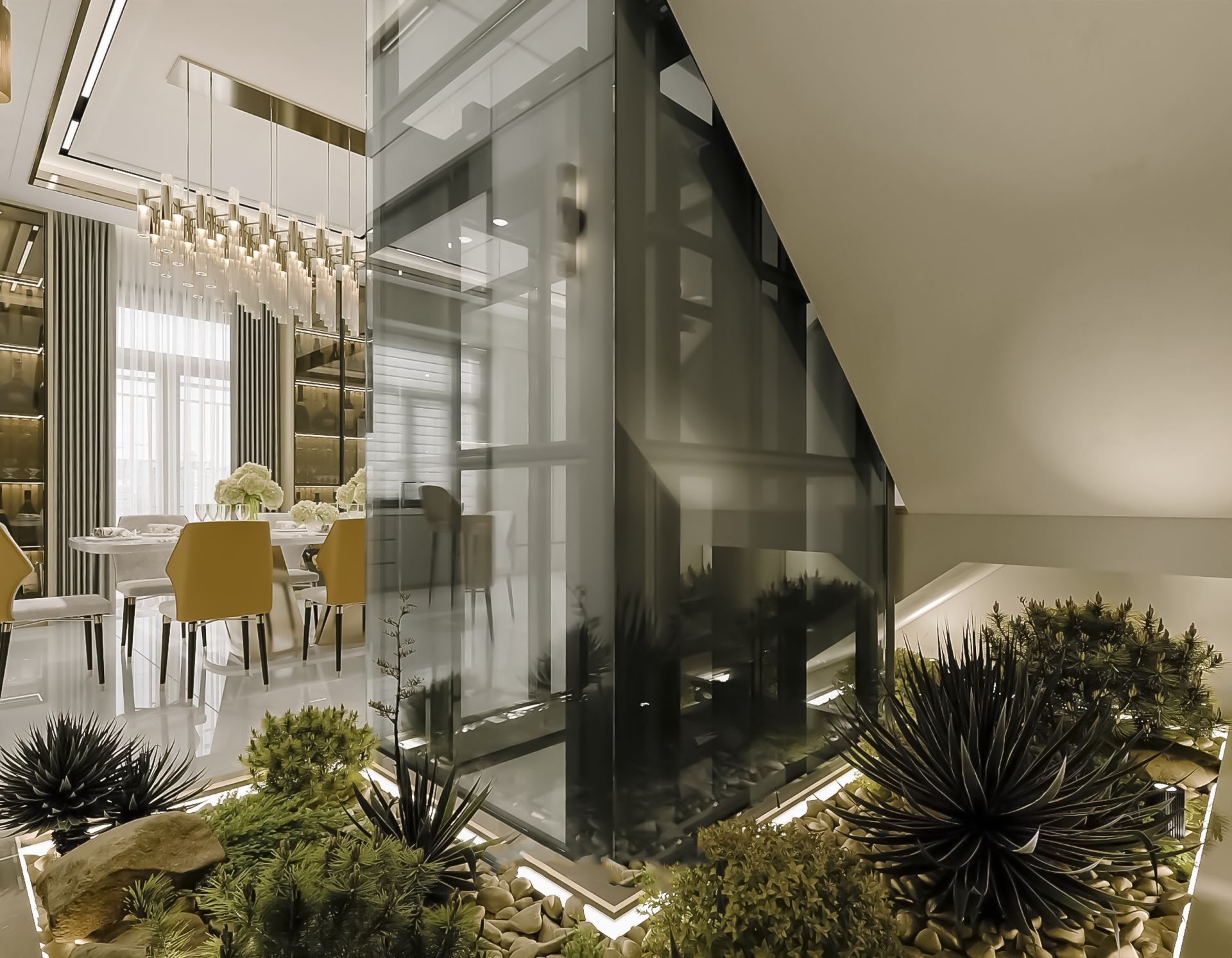 Một không gian đẹp được chăm chút . Thang máy kính